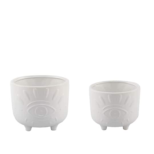 CT1423E2-MTWH 6IN & 4.75IN Evil Eye Ceramic Footed Planter,SET OF 2, Matte White